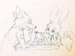  4:3 anthro canid canine chair clothed clothing cup disney dogear218 duo eating eye_contact fox furniture judy_hopps lagomorph leporid looking_at_another mammal nick_wilde open_mouth open_smile rabbit red_fox sitting smile straw table zootopia 