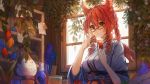  animal_ears braids catgirl fan final_fantasy final_fantasy_xiv flowers glasses japanese_clothes kimono leaves long_hair miqo&#039;te paper red_eyes red_hair vetina 