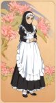  1girl apron closed_mouth cuffs eyebrows floral_background flower frilled_apron frills high_heels hijab long_skirt looking_at_viewer maid maid_apron maid_dress maid_headdress original pantyhose skirt smile solo suzushiro_(suzushiro333) 