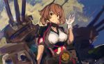  1girl bangs breasts brown_hair cloud gloves green_eyes headgear highres kantai_collection large_breasts moor mutsu_(kantai_collection) remodel_(kantai_collection) rigging sakuramon short_hair short_sleeves signature sky smile solo tassel upper_body white_gloves 