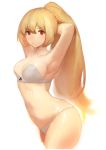  1girl armpits bra breasts closed_mouth copyright_request from_side grey_bra grey_panties hands_up hoojiro large_breasts long_hair looking_at_viewer navel panties ponytail red_eyes simple_background solo underwear underwear_only very_long_hair 