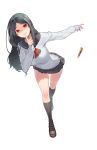  1girl black_hair breasts highres huge_breasts jjune knife long_hair looking_at_viewer mole mole_under_mouth original red_eyes school_uniform shirt skirt socks solo white_shirt yandere 