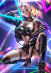  1girl akali black_hair blonde_hair blue_eyes breasts choker cleavage eyeshadow fingerless_gloves gloves high_ponytail highres jacket k/da_(league_of_legends) large_breasts league_of_legends liang_xing lips looking_at_viewer makeup midriff multicolored_hair navel off-shoulder_jacket open_clothes open_jacket over-kneehighs parted_lips ponytail short_hair shorts shrug_(clothing) single_fingerless_glove solo squatting streaked_hair the_baddest_akali thigh_strap thighhighs two-tone_hair 