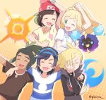  2girls 3boys :d arm_around_shoulder artist_name baseball_cap beanie blonde_hair bracelet brown_hair brown_shirt clenched_hands closed_eyes cosmog ear_piercing elio_(pokemon) eyelashes floating_hair gen_7_pokemon gladion_(pokemon) gotcha! green_eyes green_hair hat hau_(pokemon) highres jewelry legendary_pokemon lillie_(pokemon) long_hair mei_(maysroom) multiple_boys multiple_girls one_eye_closed open_mouth piercing pokemon pokemon_(creature) pokemon_(game) pokemon_sm red_headwear selene_(pokemon) shirt short_sleeves smile teeth tongue watermark 