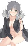  1girl arm_support blush breasts cleavage collarbone fate/grand_order fate_(series) gray_(lord_el-melloi_ii) green_eyes grey_hair grey_hoodie groin highres hood hoodie invisible_chair jyt looking_at_viewer lord_el-melloi_ii_case_files medium_breasts naked_hoodie navel open_mouth sitting solo thighs white_background 
