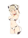  1girl animal_print arms_behind_head bandeau bell blonde_hair blush breast_expansion brown_eyes collar cow_bell cow_print cow_tail drill_hair elbow_gloves fake_horns gloves hairband horns idolmaster idolmaster_cinderella_girls morikubo_nono navel solo tail translated uccow white_background 