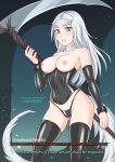  1girl artist_name ass_visible_through_thighs bare_shoulders black_legwear black_panties breasts burbur character_name collarbone commentary corset dark_souls detached_sleeves english_commentary english_text fur green_eyes health_bar highleg highleg_panties holding holding_scythe horns large_breasts latex long_hair looking_at_viewer monster_girl nipples panties parted_lips priscilla_the_crossbreed scythe silver_hair slit_pupils solo souls_(from_software) subtitled tail thighhighs underwear watermark weapon 