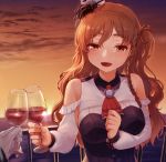  1girl alcohol bangs bare_shoulders braid breasts brown_eyes brown_hair cloud corset cup detached_sleeves drinking_glass eyebrows_visible_through_hair gloves hat holding kantai_collection large_breasts long_hair long_sleeves mini_hat one_side_up open_mouth outdoors red_neckwear remodel_(kantai_collection) side_braid sky solo_focus sunset wavy_hair white_gloves wine wine_glass yoshino_ns zara_(kantai_collection) 