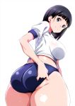  1girl absurdres airando ass black_hair blue_buruma blue_eyes breasts buruma closed_mouth gym_uniform highres kirigaya_suguha large_breasts looking_at_viewer looking_back short_hair short_sleeves simple_background smile sword_art_online thick_thighs thighs white_background 