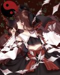  1girl angry blood blood_on_face bow brown_hair detached_sleeves eyebrows_visible_through_hair gohei hair_bow hakurei_reimu highres japanese_clothes long_hair long_sleeves looking_at_viewer red_eyes simple_background skirt solo touhou wide_sleeves yuuren_kyouko 