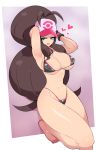  1girl against_wall antenna_hair aqua_eyes arm_up arms_behind_head barefoot baseball_cap big_hair bikini breasts brown_hair covered_nipples groin half-closed_eyes hand_up hat heart highleg highleg_bikini highleg_swimsuit highres hilda_(pokemon) large_breasts long_hair looking_at_viewer micro_bikini nac000 navel older open_mouth pokemon pokemon_(game) pokemon_bw pubic_hair pubic_hair_peek sidelocks smile solo standing standing_on_one_leg stomach swimsuit toes underboob very_long_hair wristband 