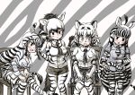  4girls :&gt; aardwolf_(kemono_friends) aardwolf_ears aardwolf_girl aardwolf_print aardwolf_tail ahoge animal_ears animal_print bangs bare_shoulders black_eyes black_hair black_neckwear black_shorts blue_eyes bodystocking boots breast_pocket breasts brown_eyes cargo_shorts cat_girl chair chapman&#039;s_zebra_(kemono_friends) cleavage closed_mouth collared_shirt commentary_request elbow_gloves extra_ears eyebrows_visible_through_hair fangs feet_out_of_frame gloves grabbing hair_between_eyes hand_rest hands_up high_ponytail highres kemono_friends leaning_forward leaning_to_the_side legwear_under_shorts long_hair long_sleeves looking_at_another medium_hair miniskirt multicolored_hair multiple_girls necktie open_mouth pantyhose partially_unzipped plaid plaid_skirt plains_zebra_(kemono_friends) pleated_skirt pocket pointing pointing_at_another print_legwear print_shirt print_shorts print_skirt print_sleeves shirt short_over_long_sleeves short_sleeves shorts side-by-side sitting skirt smile standing streaked_hair striped striped_footwear striped_gloves striped_legwear striped_shirt striped_skirt striped_sleeves striped_tail tail tail_grab teriiman thigh_gap thighhighs tiger_ears tiger_girl tiger_print tiger_tail two-tone_hair very_long_hair white_hair white_shirt white_tiger_(kemono_friends) wing_collar zebra_ears zebra_girl zebra_print zebra_tail zettai_ryouiki zipper 