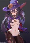  1girl bangs blush breasts brown_legwear clenched_teeth genshin_impact gloves hair_ornament hand_up hat heart_pasties long_hair long_sleeves looking_at_viewer medium_breasts meme_attire mona_(genshin_impact) navel pantyhose pasties purple_hair revealing_clothes reverse_bunnysuit reverse_outfit shrug_(clothing) simao_(x_x36131422) solo stomach tearing_up teeth twintails witch_hat 