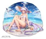  1girl bare_arms bare_legs bare_shoulders barefoot beach bird blue_sky blush boat breasts character_request cloud crab day eyebrows_visible_through_hair hat iron_saga long_hair looking_at_viewer ocean official_art outdoors partially_submerged purple_hair red_eyes sarong seagull shoe_removed shoes single_shoe sitting sky small_breasts starfish sun_hat very_long_hair water watercraft wet zjsstc 