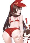  ! 1girl absurdres amber_(genshin_impact) ass back baron_bunny blush bra brown_eyes brown_hair cowboy_shot genshin_impact hair_between_eyes highres long_hair looking_at_viewer open_mouth panties ravenpulse simple_background solo standing tongue underwear white_background 