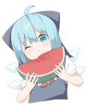  1girl ahoge blue_bow blue_dress blue_eyes blue_hair blue_wings bow cirno dress eating food fruit head_tilt highres holding holding_food ice ice_wings kae_karee looking_at_viewer medium_hair one_eye_closed simple_background sleeveless sleeveless_dress solo touhou upper_body watermelon white_background wings 