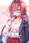  1girl absurdres alternate_costume ange_katrina blue_eyes character_name destiny549-2 glasses hand_on_own_elbow highres holding holding_pen jacket jacket_on_shoulders nijisanji office_lady pen red_hair short_hair solo triangle_hair_ornament virtual_youtuber 