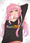  1girl ahoge arm_behind_head arm_up black_choker black_shirt choker clothes_writing collarbone crop_top fangs green_eyes highres long_hair long_sleeves looking_at_viewer open_mouth original pink_hair pornhub rko_(a470350510) shirt simple_background slit_pupils solo twintails upper_body white_background 