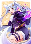  1girl animal_ears belt fake_animal_ears fire_emblem fire_emblem_awakening fire_emblem_heroes fur_trim gloves grima_(fire_emblem) halloween_costume highres ichino_tomizuki long_sleeves open_mouth paw_gloves paws red_eyes robin_(fire_emblem) robin_(fire_emblem)_(female) shorts solo tail thigh_strap twintails white_hair wolf_ears wolf_tail 