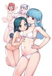  4girls :d arms_behind_head arms_up ashimine_arumi bare_arms bare_legs bare_shoulders barefoot beads bikini blue_hair blue_nails breasts collarbone commentary_request eyebrows_visible_through_hair flat_chest green_eyes green_hair green_nails grin hair_beads hair_ornament hamada_yoshikazu hand_on_hip hands_up highres hip_bones kiriha_(tsugumomo) kukuri_(tsugumomo) large_breasts long_hair looking_at_viewer miyou_mimane multiple_girls navel official_art open_mouth pointy_ears purple_eyes red_eyes red_hair short_hair simple_background small_breasts smile stomach string_bikini swimsuit toenail_polish tsugumomo white_background white_bikini white_hair 