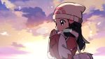  1girl bag beanie black_hair chueog coat commentary dawn_(pokemon) day duffel_bag hair_ornament hairclip hands_together hands_up hat long_hair long_sleeves outdoors pokemon pokemon_(game) pokemon_dppt pokemon_platinum scarf sleeves_past_wrists solo upper_body white_headwear white_scarf winter_clothes 