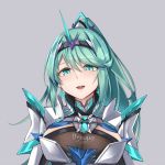  1girl bangs breasts chest_jewel earrings green_eyes green_hair grey_background highres jewelry large_breasts long_hair long_ponytail open_mouth pneuma_(xenoblade) ponytail sarasadou_dan simple_background smile solo swept_bangs tiara upper_body xenoblade_chronicles_(series) xenoblade_chronicles_2 
