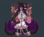  anthro ariveil black_body black_fur black_hair breasts canid canine claws clothed clothing female fox fur genitals grey_body grey_eyes grey_fur hair heterochromia mammal multi_tail multicolored_body multicolored_fur multicolored_hair nipples open_mouth open_smile partially_clothed purple_body purple_eyes purple_fur purple_hair pussy simple_background smile solo teeth two_tone_hair visible_nipples 