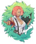  1girl \m/ blue_eyes breasts cleavage collared_shirt commentary english_commentary facial_mark forehead_mark giovanna_(guilty_gear) green_fur guilty_gear guilty_gear_strive hair_over_one_eye highres large_breasts light_smile looking_at_viewer onac911 partially_unbuttoned petting pointing pointing_at_viewer police_badge red_hair rei_(guilty_gear) shirt sleeves_pushed_up solo_focus suspenders upper_body wolf 