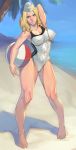  1girl alternate_costume arm_up ball bangs barefoot beach beachball blonde_hair blue_eyes breasts cleavage commentary commission competition_swimsuit covered_navel covered_nipples day english_commentary full_body garrison_cap hand_behind_head hat highres holding holding_ball kolin large_breasts lips long_legs looking_at_viewer medium_hair nidhoggn nose ocean one-piece_swimsuit parted_bangs solo street_fighter street_fighter_v swimsuit thick_thighs thighs toenails toes white_headwear white_swimsuit 