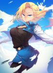  1girl android_18 arms_at_sides belt black_legwear black_shirt blonde_hair blue_eyes blue_sky blue_theme blurry blurry_background breast_pocket breasts cleavage closed_mouth cloud cloudy_sky collarbone cowboy_shot day denim denim_skirt depth_of_field dragon_ball dragon_ball_z earrings eyelashes floating_hair half-closed_eyes happy hoop_earrings horizontal_stripes impossible_clothes jewelry large_breasts light_smile long_sleeves looking_at_viewer ommmyoh outdoors pocket shaded_face shiny shiny_hair shirt shirt_tucked_in short_hair skirt sky solo striped striped_sleeves tareme twitter_username waistcoat wind wind_lift 