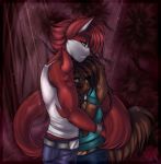  anthro anthro_on_anthro ariveil bird_dog bodily_fluids brown_body brown_fur canid canine canis clothed clothing domestic_cat domestic_dog duo eyewear felid feline felis female fluffy fluffy_tail fur glasses hair hi_res hug hunting_dog interspecies male male/female mammal red_body red_fur red_hair retriever romantic_couple simple_background spikes tears white_body white_fur yellow_eyes 