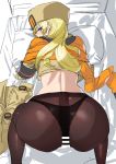  1girl all_fours ashiomi_masato ass back bar_censor black_panties blonde_hair blue_eyes blush brown_legwear censored clothes_removed commentary_request guilty_gear guilty_gear_strive hat highres long_hair looking_at_viewer millia_rage panties panties_under_pantyhose pantyhose pillow solo underwear 