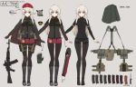  1girl ahoge ak-74m ak-74m_(girls_frontline)_(rabochicken) arrow_(symbol) assault_rifle beret black_legwear blonde_hair blue_eyes boots cape character_sheet dagger english_text fingerless_gloves girls_frontline gloves gun hair_ornament hat highres holster knee_boots load_bearing_equipment long_hair magazine_(weapon) original pantyhose pouch rifle russian_flag sheath simple_background single_knee_pad snowflake_hair_ornament translated weapon yakob_labo 