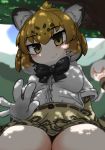  0_0 2girls animal_ears bangs black_bow black_hair black_neckwear blonde_hair bow bowtie cat_girl center_frills closed_mouth dappled_sunlight day elbow_gloves eyebrows_visible_through_hair frills fur_collar gloves grey_hair highres jaguar_(kemono_friends) jaguar_ears jaguar_print kemono_friends lap_pillow_invitation looking_at_viewer medium_hair multicolored_hair multiple_girls onaji_(sokudo_seigen) open_mouth outdoors print_gloves print_skirt shade shirt short_sleeves sitting skirt small-clawed_otter_(kemono_friends) smile solo_focus sunlight tree_shade white_hair white_shirt yellow_eyes 