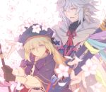  1boy 1girl artoria_pendragon_(all) artoria_pendragon_(caster) blonde_hair bow closed_eyes commentary_request eyebrows_visible_through_hair eyes_visible_through_hair fate/grand_order fate_(series) flower gloves hair_between_eyes hat highres holding holding_staff long_hair long_sleeves merlin_(fate) open_mouth saipaco simple_background staff white_background white_hair 