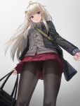  1girl ahoge ak-74m ak-74m_(girls_frontline)_(rabochicken) assault_rifle bag black_jacket black_legwear blonde_hair blue_eyes blush breasts cardigan eyebrows_visible_through_hair from_behind girls_frontline grey_background grey_cardigan gun hair_ornament highres holding holding_bag jacket long_hair looking_at_viewer nail_polish open_clothes open_jacket original pantyhose red_skirt rifle skirt snowflake_hair_ornament solo standing weapon yakob_labo 