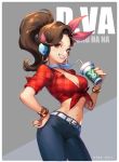  1girl bangle belt belt_buckle blue_pants border bracelet brand_name_imitation breasts brown_eyes brown_hair buckle byam character_name cleavage coffee_cup collarbone contrapposto cowboy_shot cruiser_d.va cup d.va_(overwatch) disposable_cup drinking_straw earrings front-tie_top grey_background grey_neckwear grin hand_on_hip head_scarf headphones highres holding holding_cup hoop_earrings jewelry long_hair looking_at_viewer medium_breasts midriff navel overwatch pants parted_lips pink_lips plaid plaid_shirt ponytail red_shirt shirt short_sleeves simple_background sleeves_folded_up smile solo tight tight_pants unbuttoned unbuttoned_shirt unmoving_pattern white_belt white_border 