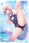  1girl ass_grab bangs blue_eyes blue_hair blunt_bangs cameltoe cloud gawr_gura grabbing_own_ass highres hololive hololive_english luminous medium_hair multicolored_hair name_tag ocean one-piece_swimsuit open_mouth outdoors school_swimsuit shark_girl shark_tail sharp_teeth silver_hair sky solo split standing standing_on_one_leg standing_split streaked_hair sunlight swimsuit tail teeth two_side_up v virtual_youtuber water_drop 