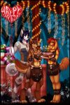  4_toes anthro ariveil barefoot bird_dog birthday_cake blue_eyes blue_hair breasts brown_body brown_fur cake canid canine canis claws detailed_background digitigrade domestic_dog eyes_closed feet female fluffy fluffy_tail food fur group hair happy hi_res holding_food holding_object hunting_dog husky male mammal multicolored_body multicolored_fur nordic_sled_dog open_mouth open_smile pawpads red_hair retriever selina_zifer smile spitz teeth toes two_tone_body two_tone_fur white_body white_fur wolf 