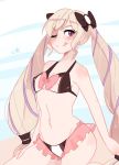  1girl bangs bare_shoulders blonde_hair blush breasts elise_(fire_emblem) fire_emblem fire_emblem_fates hair_ribbon kokomi_(aniesuakkaman) long_hair looking_at_viewer nipples purple_eyes purple_hair ribbon simple_background small_breasts smile solo swimsuit tongue 