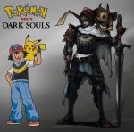  absurdres arm_at_side arm_up armor armored_boots artist_name ash_ketchum belt black_footwear black_hair blue_pants boots brown_belt cape chosen_undead commentary copyright_name creature crossover dark_souls gen_1_pokemon gradient gradient_background grey_background hand_on_hip hat helm helmet highres holding holding_sword holding_weapon male_focus neytirix on_shoulder pants pauldrons pikachu poke_ball_print pokemon pokemon_(creature) pokemon_on_shoulder red_footwear shoes shoulder_armor souls_(from_software) sword torn_cape torn_clothes weapon white_cape 