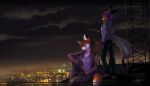  2014 anthro breasts brown_hair canid canine city clothed clothing detailed_background digital_media_(artwork) duo female fox hair lynjox lynxyjones mammal night outside purple_hair smile 