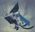  bird blue_eyes book bookmark boots cape capelet commentary_request crow forest fur_boots ka92 multiple_tails muted_color nature open_book original outdoors personification reading snow standing tail two_tails vest 