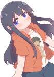  1girl black_hair black_shorts blue_eyes blush casual character_print closed_mouth commentary eyebrows_visible_through_hair hair_between_eyes hatafuta higero_(wataten) hood hoodie long_hair looking_at_viewer open_clothes open_hoodie orange_hoodie print_shirt shirosaki_hana shirt short_sleeves shorts simple_background solo watashi_ni_tenshi_ga_maiorita! white_background white_shirt 