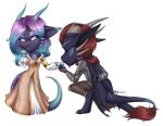  absurd_res alpha_channel anthro anthro_on_anthro ariveil armor black_body blue_eyes blue_hair breasts broken_horn brown_hair chibi clothed clothing dragon duo eyes_closed female fluffy fluffy_tail hair hi_res horn love male male/female multicolored_hair open_mouth open_smile purple_hair romantic_ambiance romantic_couple smile teeth two_tone_hair 