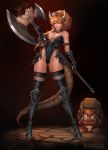 1girl 1other armored_boots armored_leotard axe backpack bag bare_shoulders battle_axe black_collar black_footwear black_leotard blonde_hair blue_eyes boots bowsette bracelet breasts character_name cleavage collar crown earrings english_commentary fantasy faulds felox08 full_body gauntlets goomba greaves highleg highleg_leotard highres holding holding_axe holding_weapon huge_weapon jewelry leotard lips long_hair long_legs long_tail mario_(series) mini_crown new_super_mario_bros._u_deluxe nose patreon_username pointy_ears sheer_legwear solo_focus spiked_armlet spiked_bracelet spiked_collar spikes standing strapless strapless_leotard super_crown tail thigh_boots thighhighs thighhighs_under_boots watermark weapon web_address 
