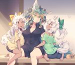  3girls animal_ear_fluff animal_ears barefoot black_bow black_shirt bow breasts cleavage commentary_request dark_skin eyebrows_visible_through_hair green_eyes green_hair hair_bow kuromiya kuromiya_raika large_breasts long_hair looking_at_another multicolored_hair multiple_girls orange_hair original red_eyes shirt sitting soles tail two-tone_hair white_hair yellow_bow 