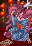  anthro ariveil back_tentacles blue_eyes breasts claws detailed_background ear_piercing female food forzenta hi_res mammal multicolored_body piercing pink_body purple_body reane smile solo sushi tentacles two_tone_body 