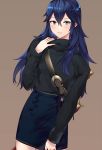  1girl alternate_costume ameno_(a_meno0) belt belt_buckle black_sweater blue_eyes blue_hair blue_skirt blush buckle casual falchion_(fire_emblem) fire_emblem fire_emblem_awakening hair_between_eyes long_hair looking_at_viewer lucina_(fire_emblem) miniskirt parted_lips ribbed_sweater simple_background skirt solo sweater sword symbol-shaped_pupils teeth turtleneck turtleneck_sweater weapon 