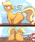  2020 absurd_res anus applejack_(mlp) blush butt dialogue english_text equid equine female feral friendship_is_magic genitals hasbro hi_res horse looking_at_viewer looking_back mammal my_little_pony pony pussy sinking solo text welost 